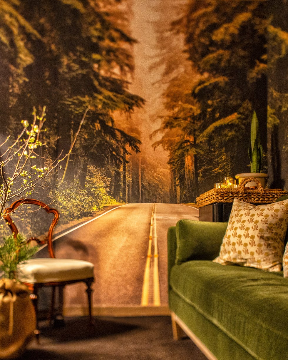 Interior scene featuring a cozy couch, a side chair, and a nature-themed backdrop.