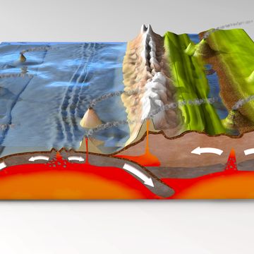 3d illustration of a scientific ground cross section to explain subduction and plate tectonics