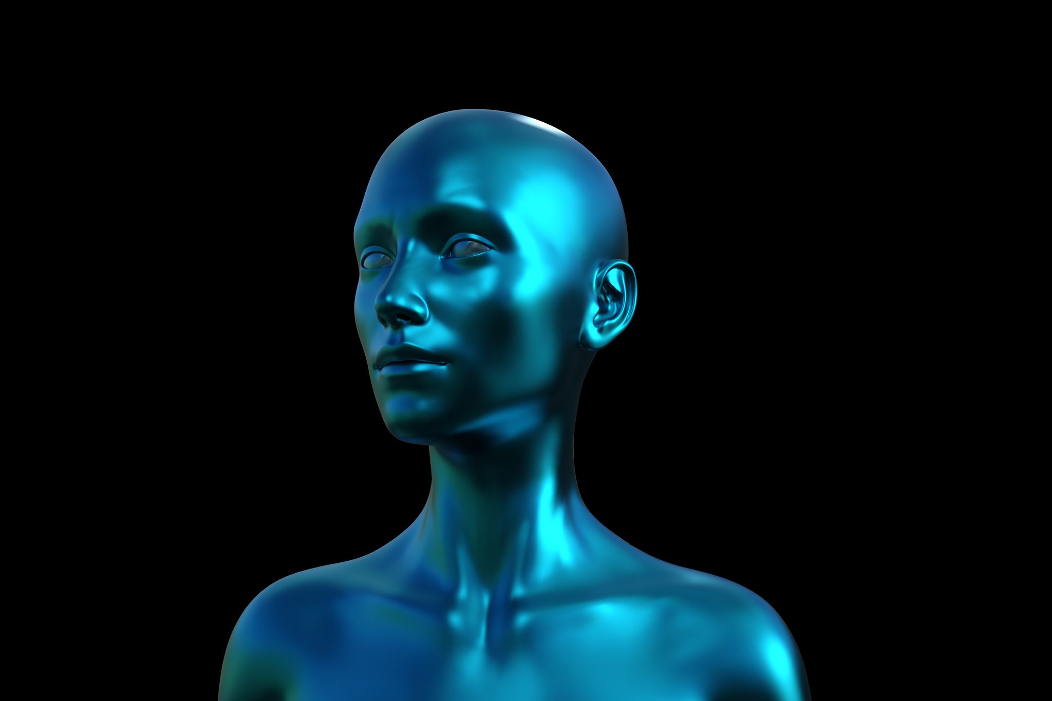 3d illustration portrait of a blue bald woman on a black background