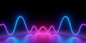 3d render, abstract background, glowing dynamic wavy lines on the floor, pink blue neon light, ultraviolet spectrum