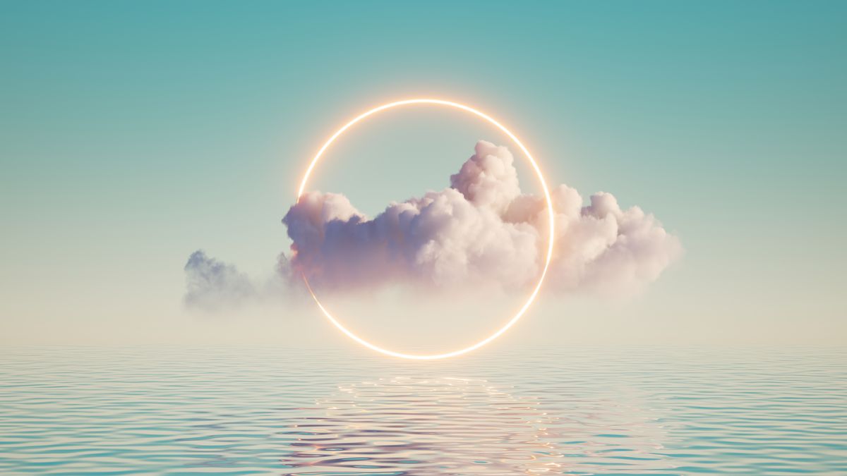 3d render abstract geometric background, white cloud and glowing neon round frame illuminated cumulus minimal futuristic seascape with reflection in the water in a story about precognitive dreams