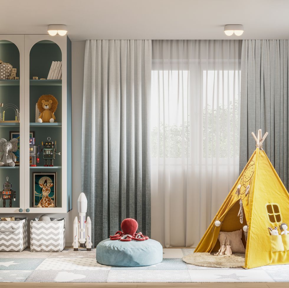 3d render of a kids room with toys and teepee tent