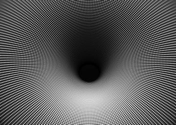 3d render of abstract black and white monochrome art 3d background with surreal funnel tunnel or black hole in the center in metal aluminum metal with fractal cubical pattern on surface