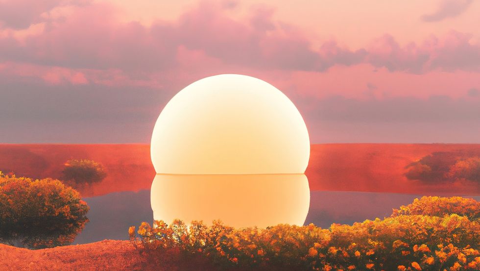3d render surreal landscape with light sphere and sunset sky modern minimal abstract background lake and grass