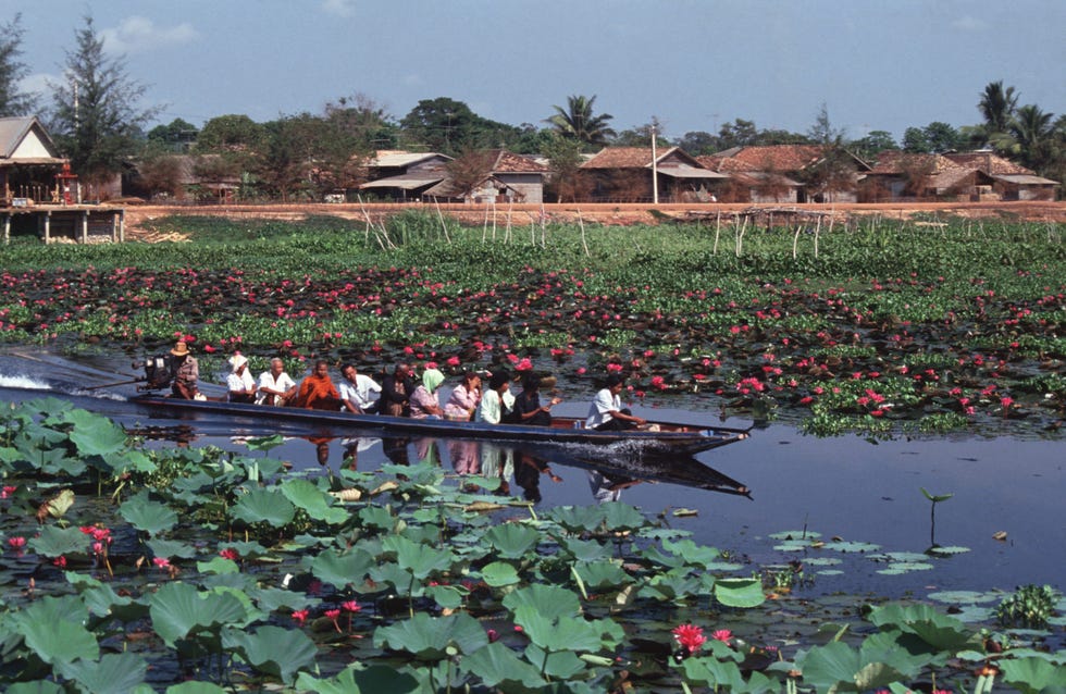 A boatload of tourists is taken through beautiful Thale Noi...