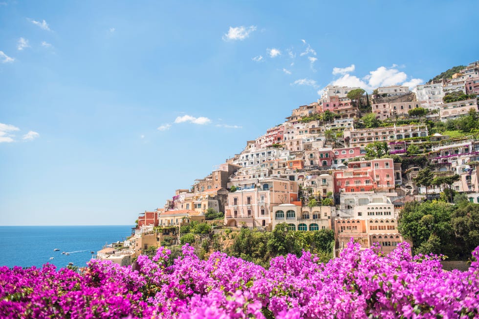 Positano framed by pink bougainvillea