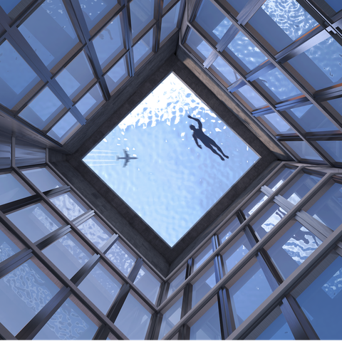 Daylighting, Blue, Window, Daytime, Architecture, Glass, Ceiling, Building, Roof lantern, Metal, 