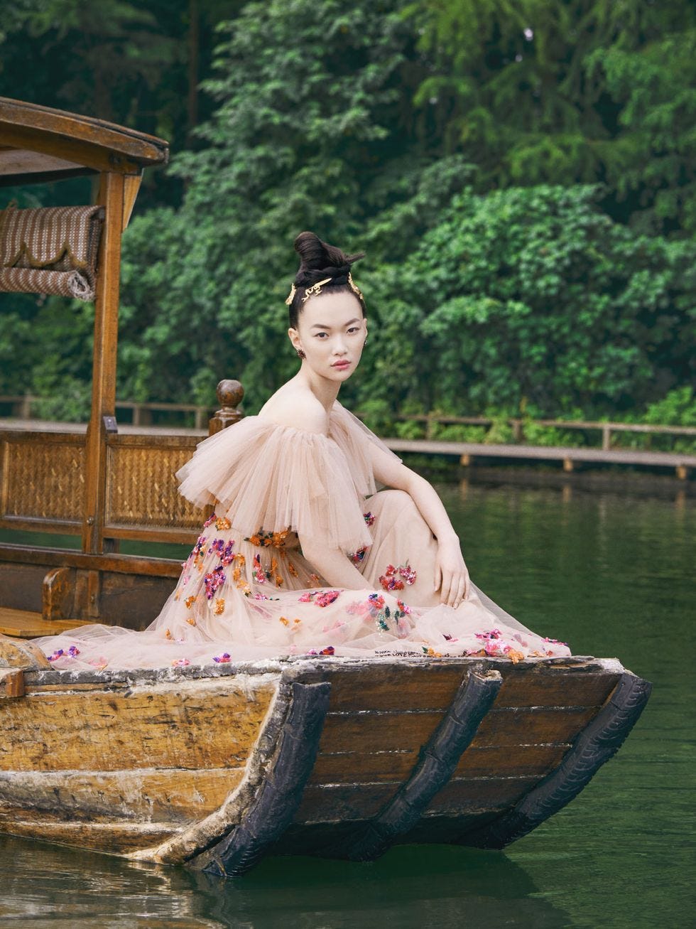Water, Beauty, Dress, Waterway, Leisure, Sitting, Boat, Vehicle, Bank, Tree, 