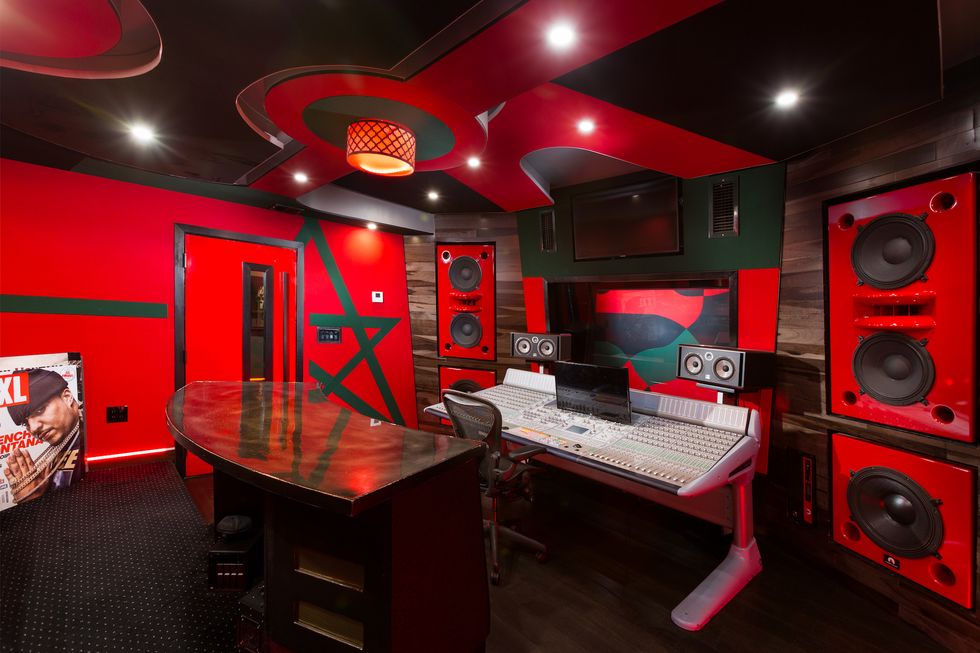 Red, Room, Interior design, Recording studio, Building, Furniture, Audio equipment, 