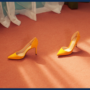 Yellow, Footwear, Shoe, Orange, Floor, Flooring, Wood, Hardwood, High heels, 