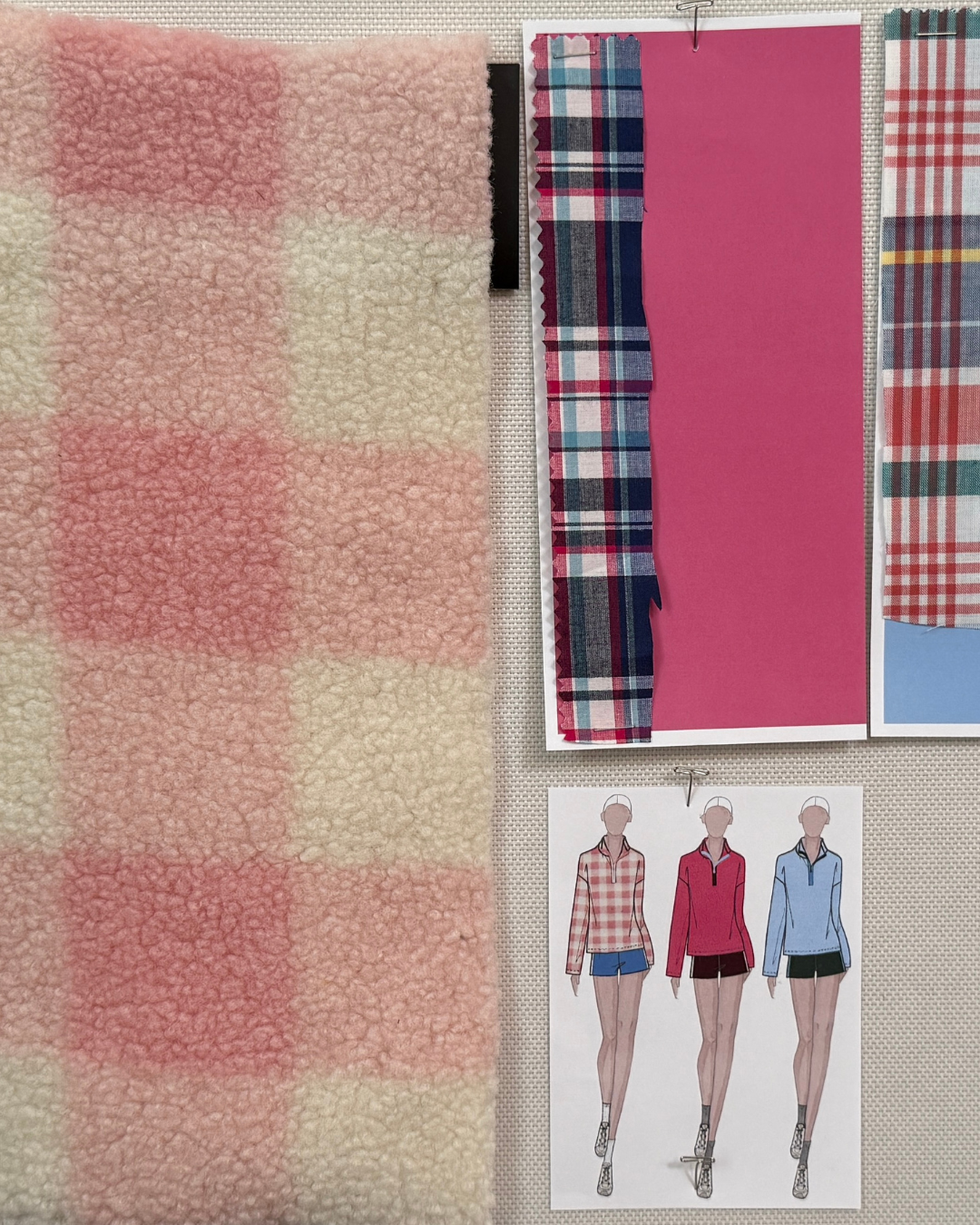 textile swatches and fashion sketches for a clothing design
