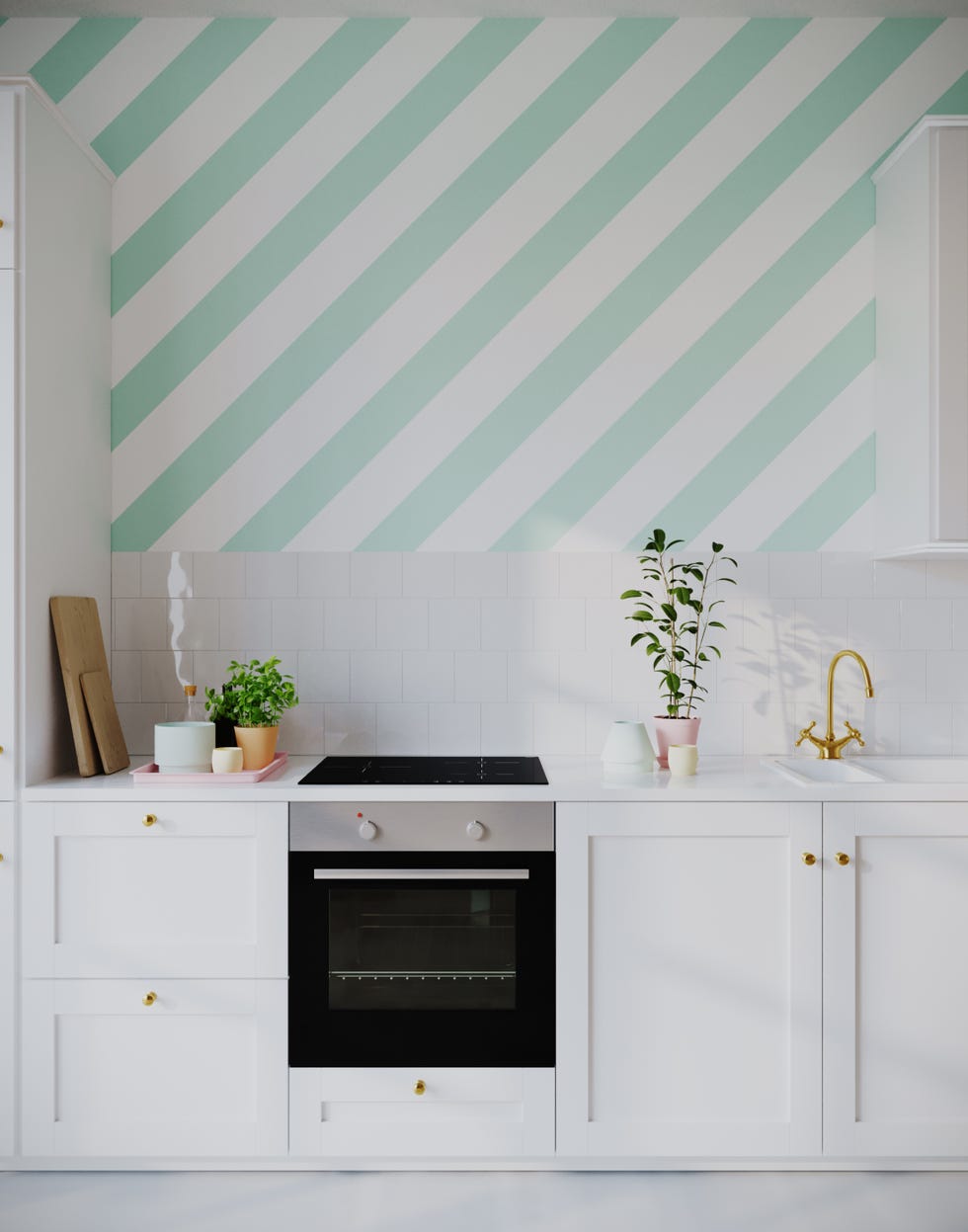 white shaker kitchen with white tiled backsplash and mint green diagonal stripes