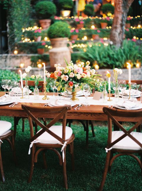 Photograph, Green, Table, Chair, Furniture, Outdoor table, Rehearsal dinner, Wedding reception, Backyard, Event, 