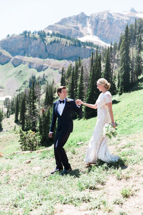 Photograph, Mountainous landforms, Wilderness, Mountain, Formal wear, Bride, Wedding, Dress, Wedding dress, Suit, 