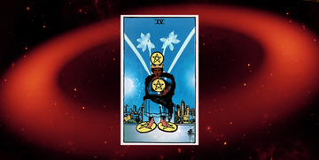 tarot card depicting a figure holding two pentacles with two more at their feet