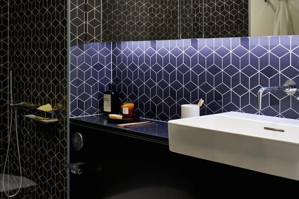 Tile, Bathroom, Room, Purple, Property, Interior design, Wall, Flooring, Architecture, Design, 