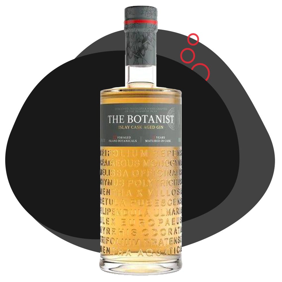 a bottle of the botanist islay cask aged gin with a distinctive design and a dark background