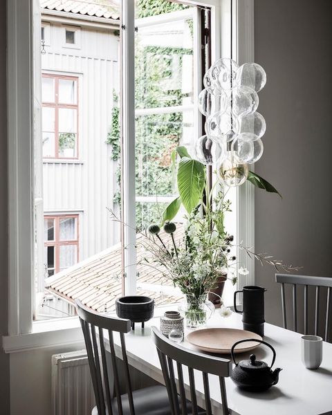 White, Curtain, Room, Interior design, Window treatment, Home, Black-and-white, Dining room, Furniture, Window, 