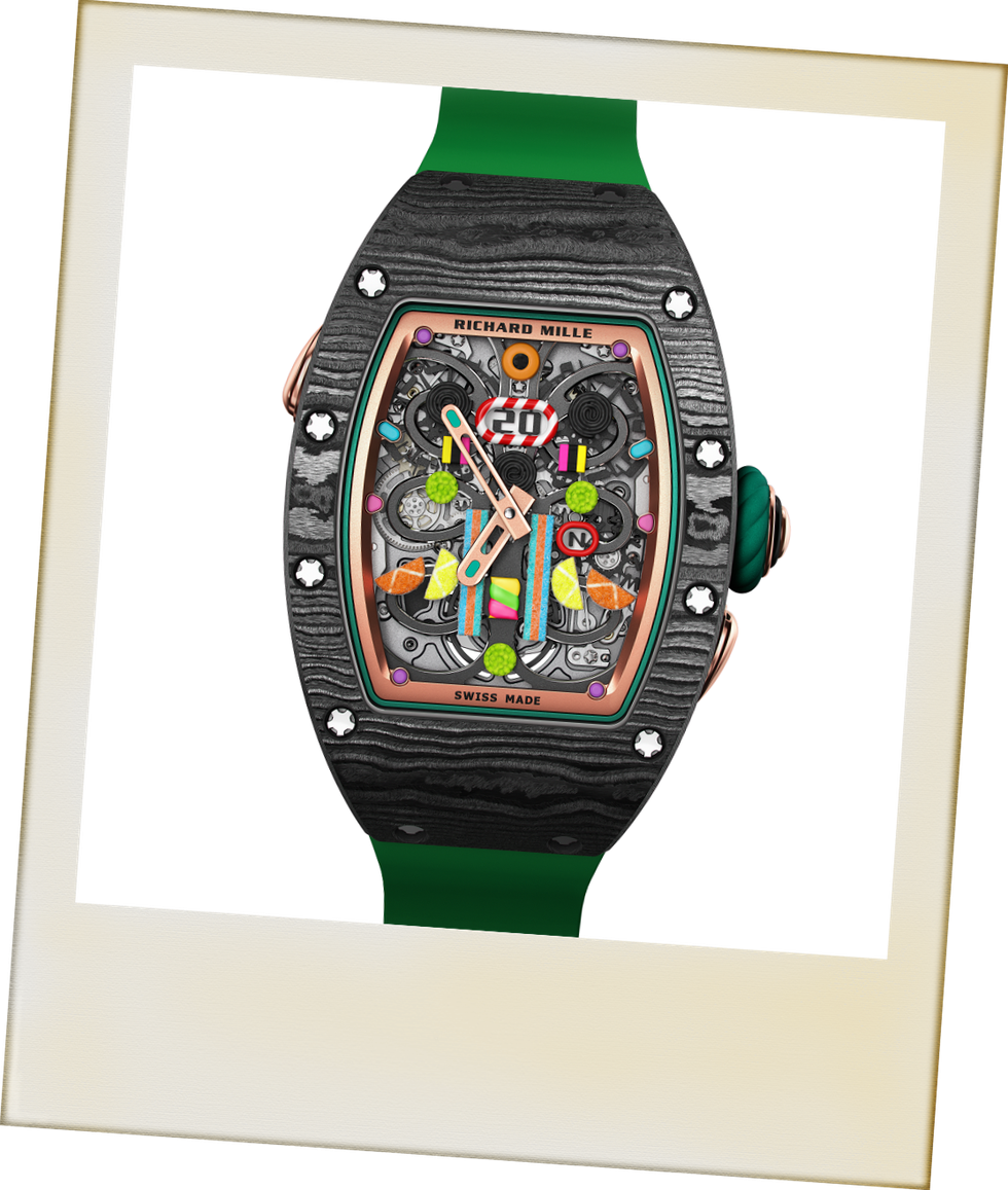 Green, Watch, Analog watch, Fictional character, Fashion accessory, Rectangle, Strap, Watch accessory, 