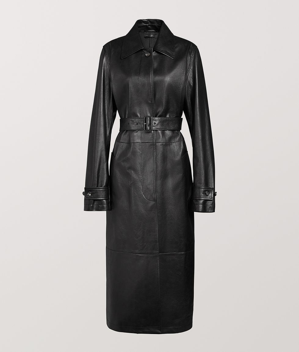 Clothing, Coat, Trench coat, Outerwear, Overcoat, Sleeve, Leather, Dress, Collar, Day dress, 