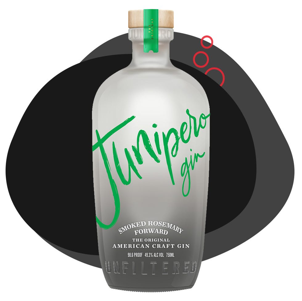 bottle of junipero gin with a distinctive label