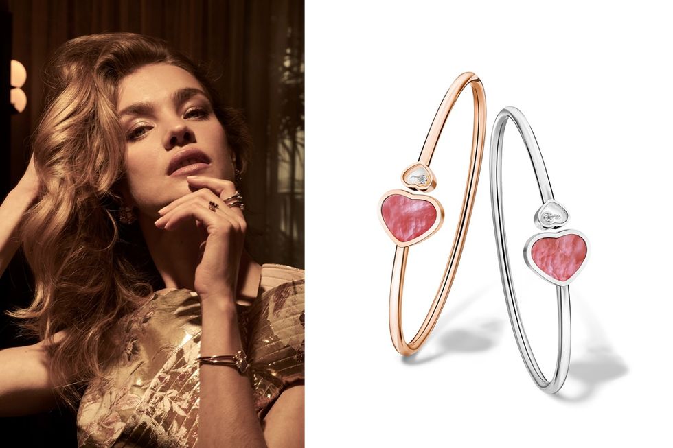 Happy Hearts手環，18K玫瑰金和白金手環，鑲嵌粉紅色心型珍珠母貝與滑動鑽石，Chopard。