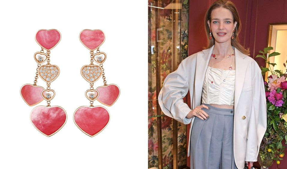 Happy Hearts耳環，18K玫瑰金耳環鑲嵌粉紅色心型珍珠母貝、鑽石與滑動鑽石，Chopard。