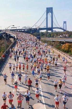 new york november 3 runners competing in the 1991 new york city marathon exit the verrazzano bridge from staten island into brooklyn near the beginning of the race on november 3, 1991 in new york, new york photo by david madisongetty images