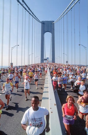 new york november 3 runners competing in the 1991 new york city marathon cross the verrazzano bridge from staten island to brooklyn near the beginning of the race on november 3, 1991 in new york, new york photo by david madisongetty images