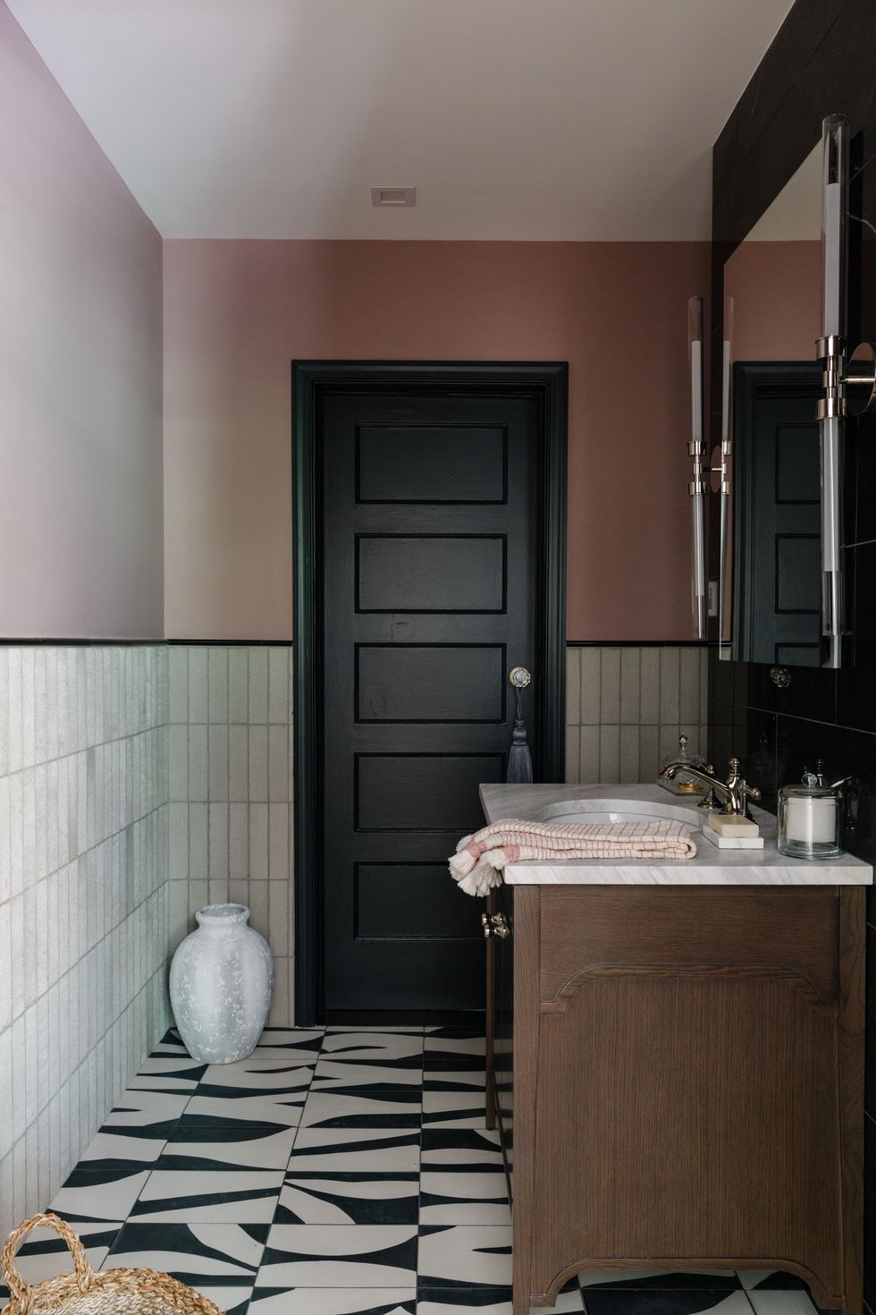 pink, black, and white bathroom