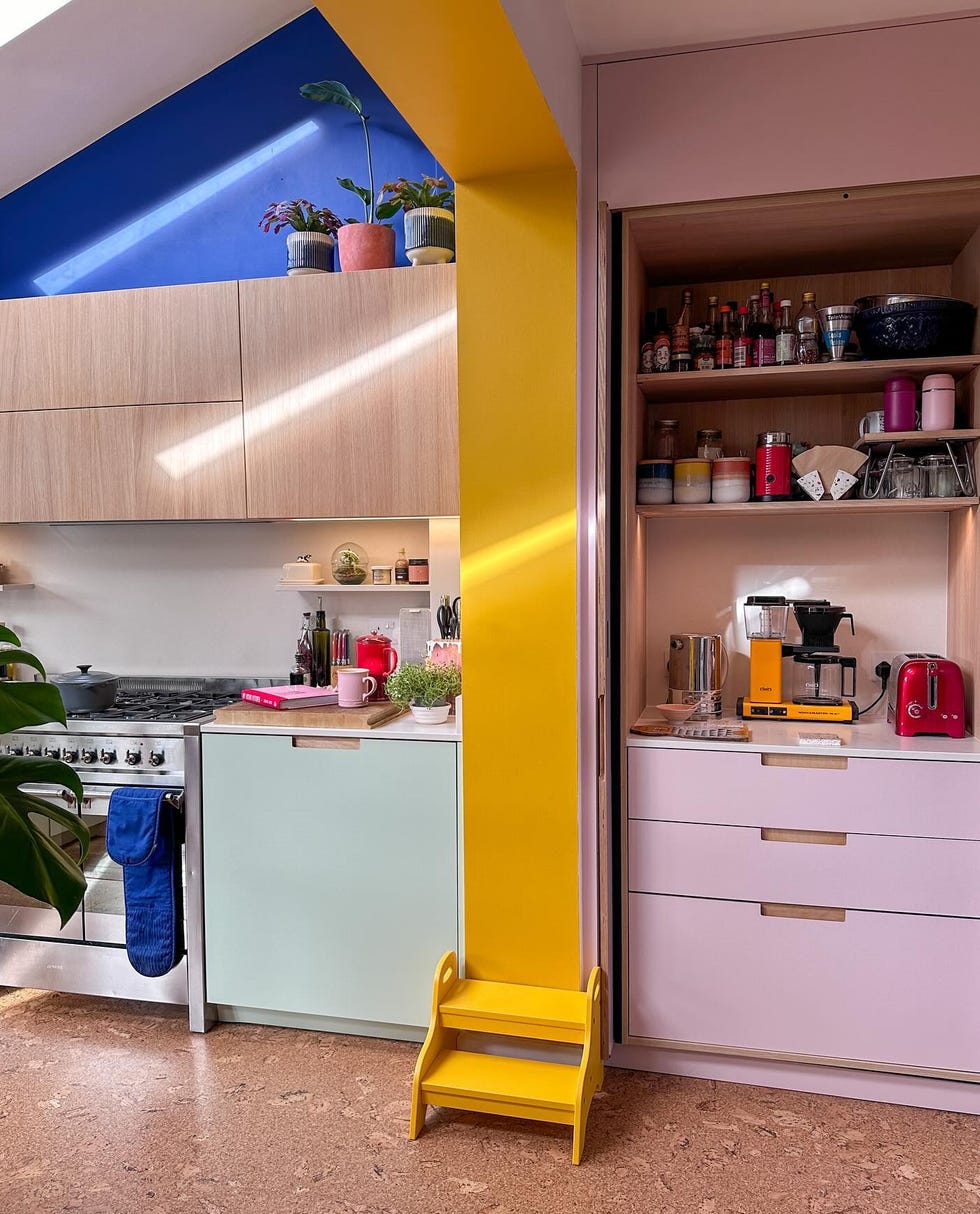 a kitchen with a yellow wall a kitchen with a yellow wall