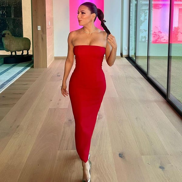 Eva Longoria Is a Vision in This Cherry-Red Strapless Dress