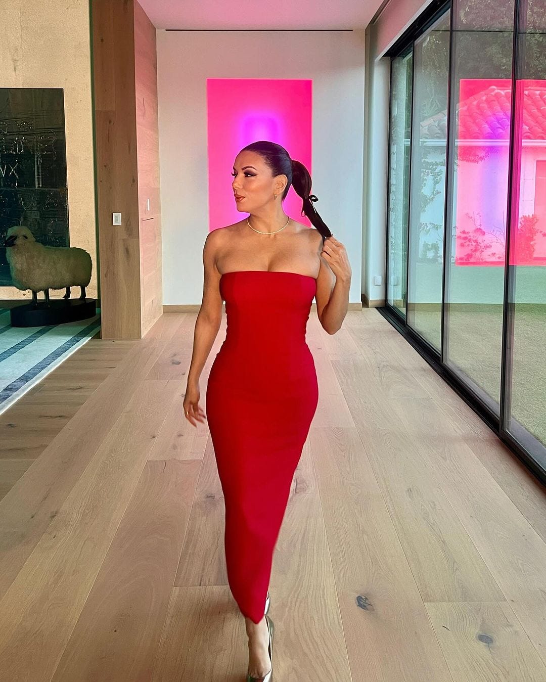 Eva Longoria Is a Vision in This Cherry-Red Strapless Dress