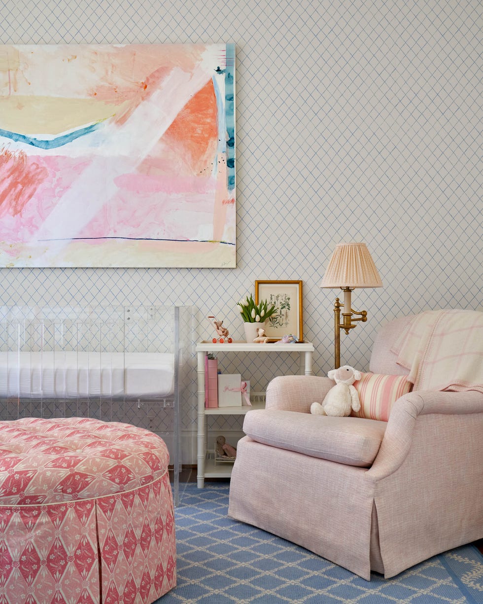 nursery, pink chair, pink ottoman