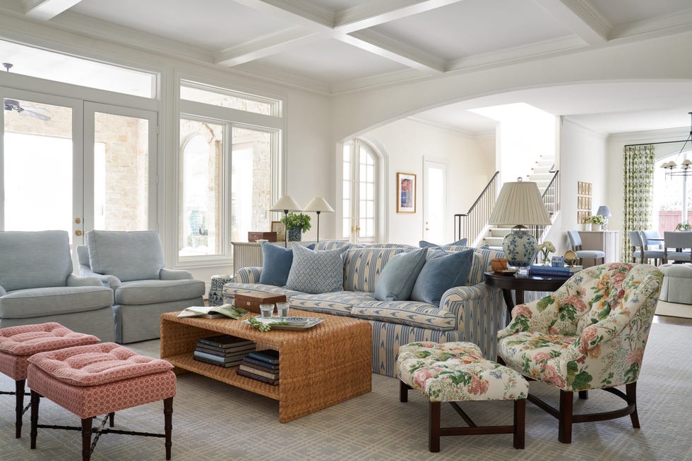 living room, floral chair and ottoman, pink ottoman