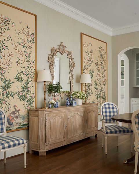 dining room, wooden console, mirror