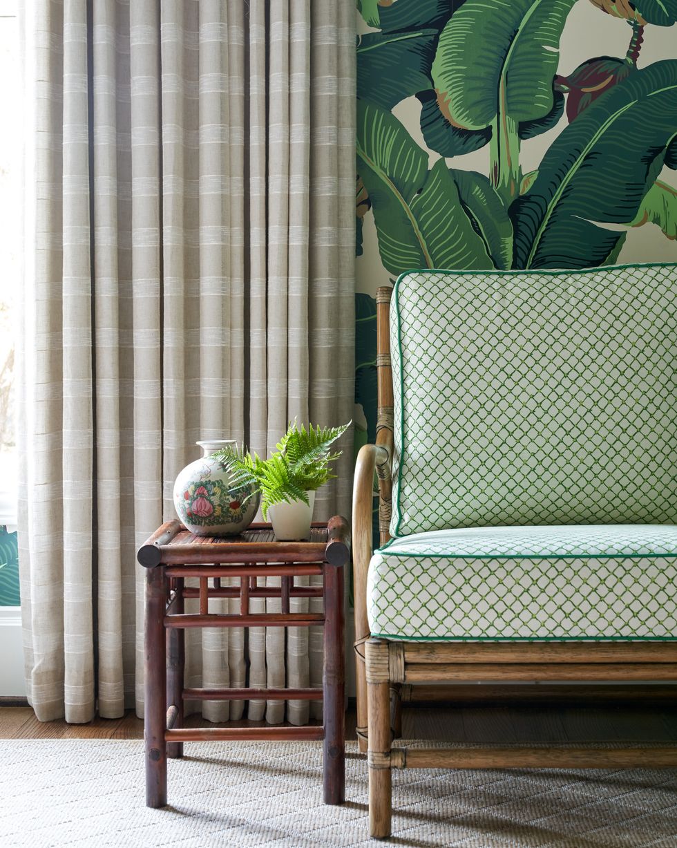 amy berry home tour, green chair, palm print