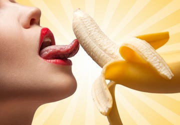 Lip, Skin, Banana, Nose, Banana family, Beauty, Mouth, Yellow, Organ, Close-up, 