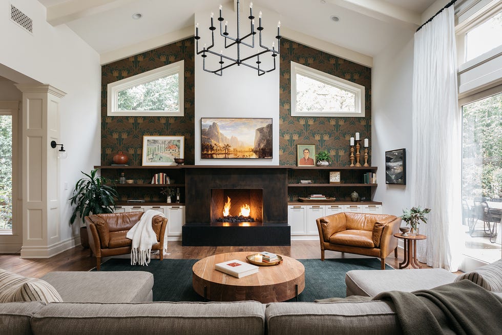 whimsical living room with wallpaper