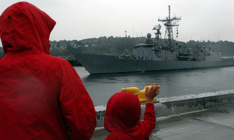 a family waves goodbye to sailors as the guided missile frigate uss ingraham departs naval station everett for a scheduled deployment ingraham is the last american oliver hazard perry class frigate to be built, and is the fourth ship of the united states navy to be named for capt duncan ingraham photo by seaman ryan riley