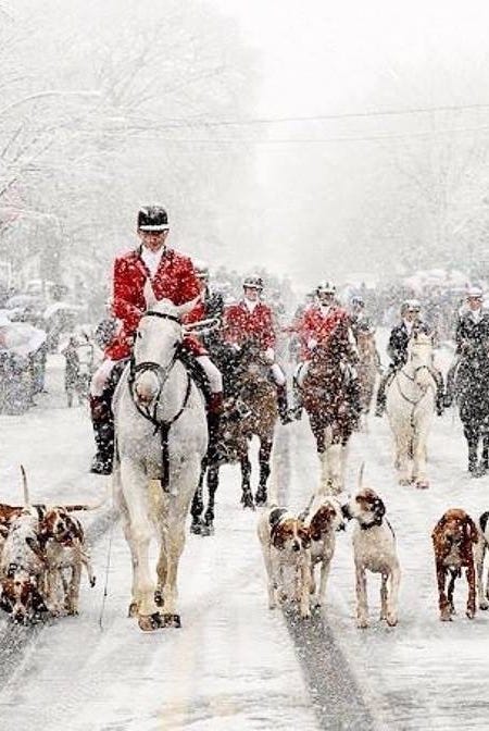 a group of people riding horses in the snow