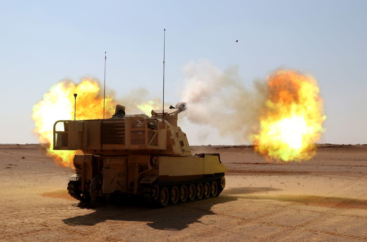 mohamed naguib military base, egypt – a m109 paladin from alpha battery, 2nd battalion, 114th field artillery regiment, 155th armored brigade combat team, task force spartan, fires a high explosive round during the combined arms lived fire exercise, part of bright star 18 us army photo by staff sgt matthew keeler