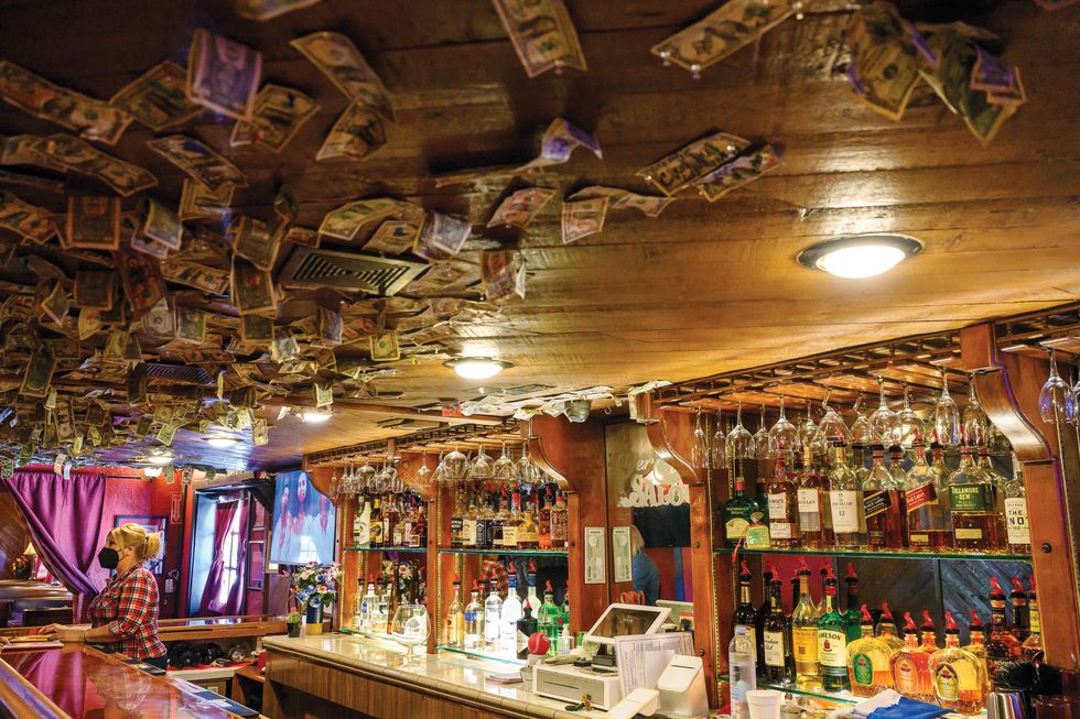49er saloon, biker bar, acton, califoria, dollar bills, ceiling, desert