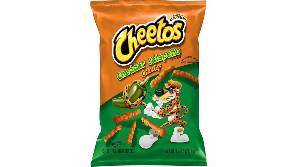 snacks packaging for cheddar jalapeno cheetos featuring a cartoon character