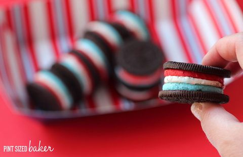 oreos filled with layers of red, white, and blue frosting for 4th of july