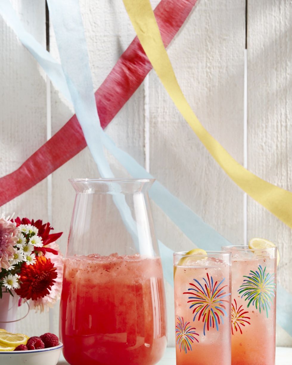 raspberry and lemon rosé sparkler served in glasses with fireworks design for 4th of july