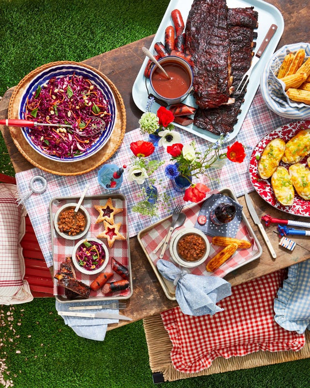 4th of july spread on a picnic table outside