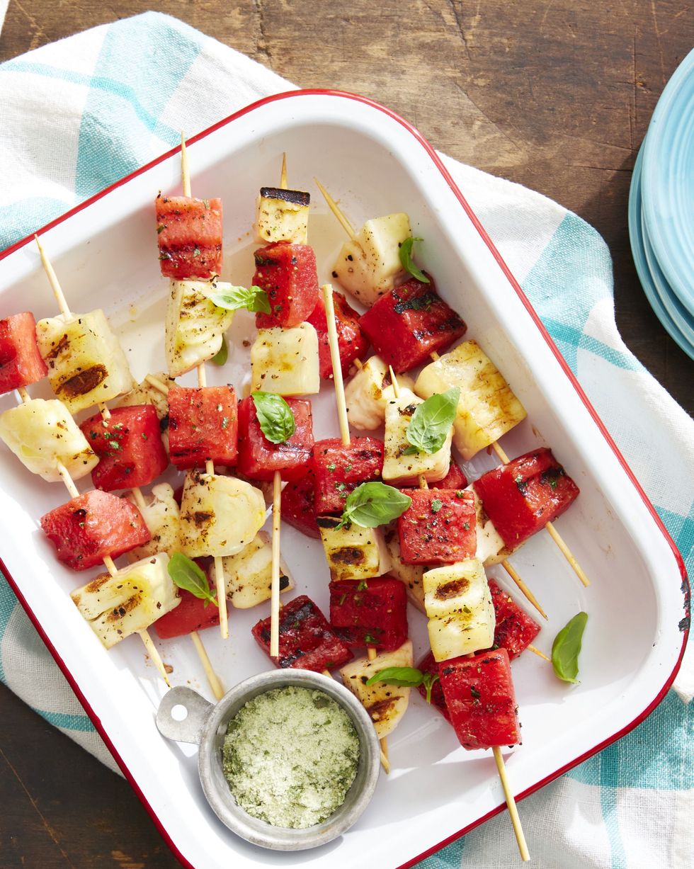 grilled watermelon and halloumi kebabs with basil salt