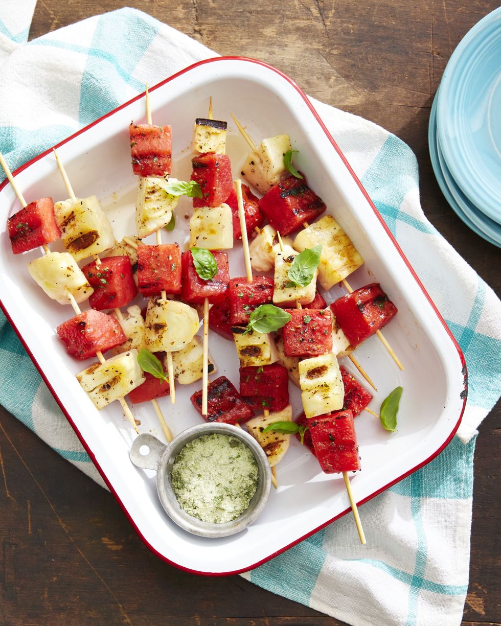 grilled watermelon and halloumi kebabs with basil salt