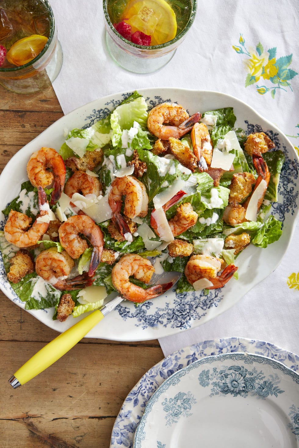 creole shrimp caesar salad with cheesy croutons